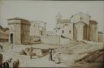 Alexandre Pyrrhus FLACHERON (?-1841).Vue d'un village fortifié.Lavis d'encre brune, portant...