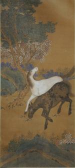 PAIRE de ROULEAUX à décor polychrome peint de chevaux dans...