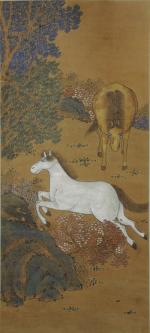 PAIRE de ROULEAUX à décor polychrome peint de chevaux dans...