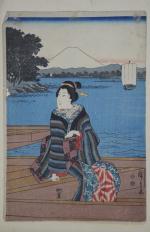 HIROSHIGE (1797-1858) Un oban tate-e, partie de triptyque, représentant une...