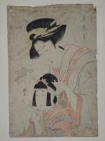 TSUKIMARO (1794-1836) Oban tate-e, okubi-e d'une jeune femme ajustant la...