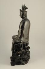 Statue de GUANYIN en bronze à patine brune, assis en...