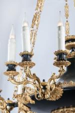 Grand LUSTRE en forme de lampe antique en bronze doré...