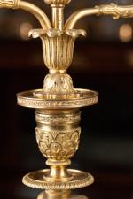 PAIRE de FLAMBEAUX en bronze doré montés en candélabres à...
