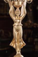 PAIRE de CANDÉLABRES en bronze doré en forme de Victoires...