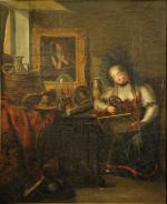 Laurent DABOS (1761-1833). Jeune femme dans un cabinet d'amateur.Toile d'origine...