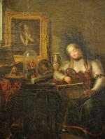 Laurent DABOS (1761-1833). Jeune femme dans un cabinet d'amateur.Toile d'origine...