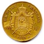 Napoléon III (tête nue) 100 Francs 1855 Paris. TB.