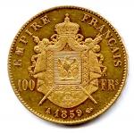 Napoléon III (tête nue) 100 Francs 1859 Paris. Très beau/T.B
