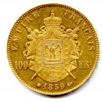Napoléon III (tête nue) 100 Francs 1859 Strasbourg. Très beau/T.B.