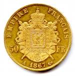 Napoléon III (tête laurée) 50 Francs 1867 Paris. TB.