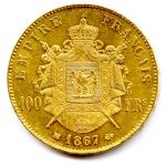 Napoléon III (tête laurée) 100 Francs 1867 Strasbourg. Très beau/Superbe.