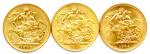 Lot de trois souverains en or : Victoria 1893 M,...