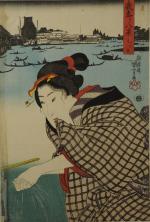 KUNIYOSHI (1797-1861)Femme se lavant les mains. 36 x 24.5 cm.