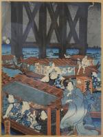KUNIYOSHI (1797-1861)Fête sous le pont de RyogokuEstampe, tryptique.Chaque feuille :...