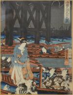 KUNIYOSHI (1797-1861)Fête sous le pont de RyogokuEstampe, tryptique.Chaque feuille :...
