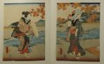 TOYOKUNI III (1786-1865) Diptyque. Deux femmes au bord d'une rivière....