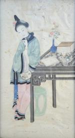 CHINE.Jeune femme accoudée à une table.Peinture.59 x 32 cm. (accidents)Provenance...