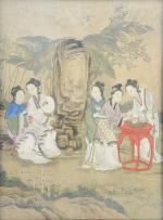 CHINE. Jeunes femmes près d'un rocher et banian.48 x 35...
