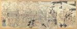 TOYOKUNI III (1786-1865)
Scène animée.
Quatre planches (partie de pintaptyque).
38 x 102...