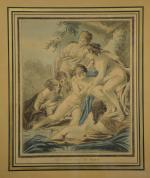 François BOUCHER (1703-1770), d'après"Les nimphes au bain".Gravure en couleurs.27 x...