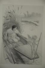 Adolphe Léon WILLETTE (1857-1926)Barque à l'Amour.Lithographie noir et blanc, signée...