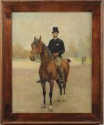 Georges JEANNIOT (1848-1934).Cavalier au bois.Toile signée en bas à gauche...