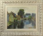 L. DUGUINE (XXe)Chartres, crépuscule sur l'Eure.Huile sur toile, signée en...