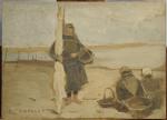 TRIGOULET.Femmes pêcheurs en bord de mer.Huile sur panneau de bois,...