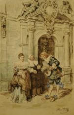 Henri PILLE (1844-1897).Trois personnages : une femme, un religieux et...