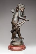 Auguste MOREAU (1834-1917)Amour messager à l'oiseau.Bronze pâtiné signé et marqué...