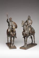 Emmanuel FRÉMIET (1824-1910)"Chef Gaulois" - "Cavalier Romain"Deux bronzes patinés, titrés...