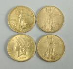 ETATS-UNIS. 4 pièces de 20 DOLLARS or. 1907, 1908 (2),...