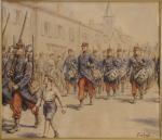 Jean AUGÉ (fin XIX, début XXe)"Tambours d'Infanterie 1914"Aquarelle signée en...