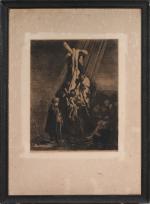 REMBRANDT Harmenszoon van Rijn (1606-1669), d'après,
Descente de croix.
Gravure, signée et...