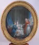 École FRANCAISE du XVIIIe. 
d'après Jean-Baptiste LEPRINCE (1734-1781).
Scène galante en...