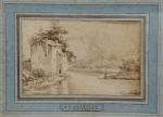 Claude-Louis CHÂTELET (1753-1795)
Paysage lacustre animé.
Lavis signé et daté 1775 en...