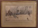 G. LAROQUE (XIXe)
Scène de chasse à courre.
Encre et lavis signé...