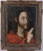 École FRANCO-FLAMANDE du XVIIe
Christ bénissant.
Panneau.
46 x 34 cm. (manques et...