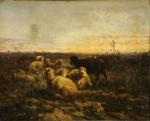 André CORTES (1815-1880). 
Les Moutons.  
Panneau signé en bois...