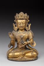 CHINE - XVIIIe siècle.
STATUETTE en bronze doré du bouddha Maitreya...