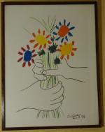 Pablo PICASSO (1881-1973)  d'après.
Bouquet de fleurs. 
Reproduction datée 21.7....