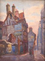 Hippolyte MADELAINE (1871-1966)
Rouen, ruelle jouxtant un édifice gothique.
Aquarelle signée en...