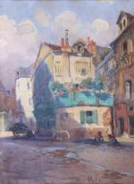 Hippolyte MADELAINE (1871-1966)
Place animée en Bourgogne (?). 
Aquarelle signée en...