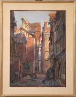 Hippolyte MADELAINE (1871-1966)
Ruelle animée en Bourgogne (?). 
Aquarelle signée en...