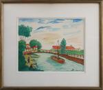 Élisée MACLET (1881-1962).
Bateau sur le canal, pêcheurs.
Aquarelle, signée en bas...
