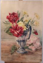 M. LANGLOIS (XIX-XXe)
Bouquet de pivoines et marguerittes dans une aiguière...