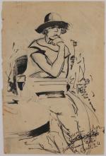 ? Juan GRIS (1887-1927) ?
Rij-Rousseau au café.
Encre 
17,5 x 11,5...