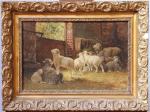 Charlemagne ROBERT (XIXe) attribué à
Moutons dans la bergerie.
Paire de panneaux.
26,5...