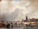 Adolf STADEMANN (1824-1895)
Paysage d'hiver aux patineurs. 
Toile signée en bas...